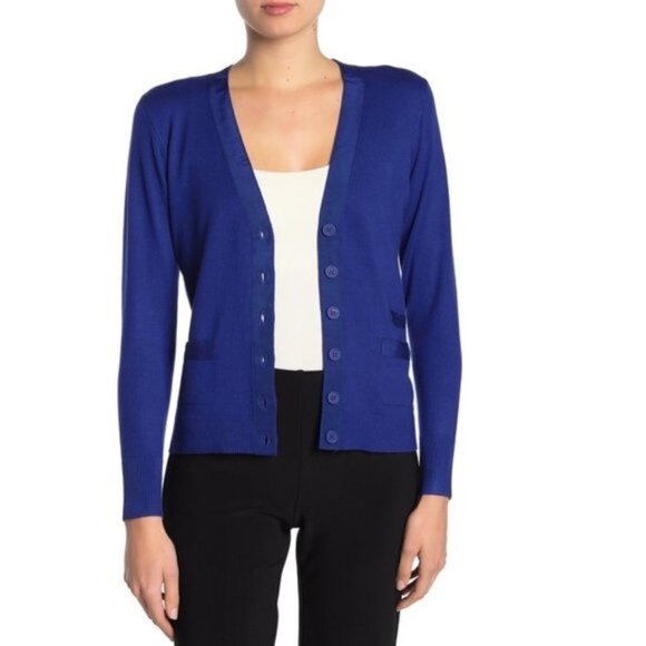 🎁 T Tahari Grosgrain Ribbon Trim V-Neck Cardigan - Picture 1 of 7